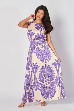 Damask Print Satin Maxi Dress Lavender