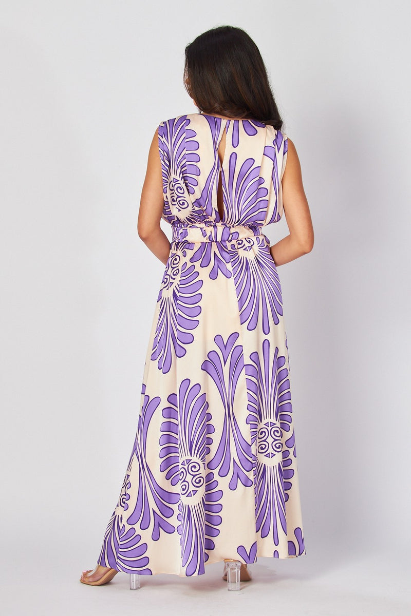 Damask Print Satin Maxi Dress Lavender