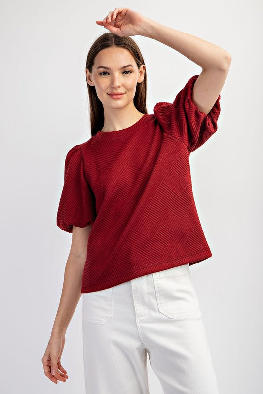 Textured Puff Sleeve Blouse Top Wine