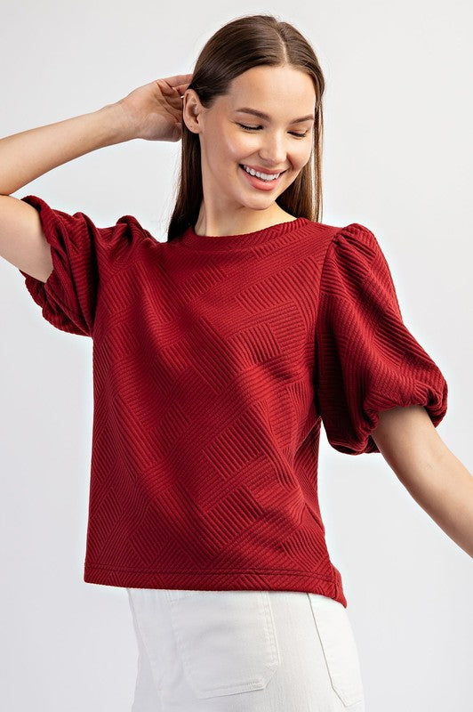 Textured Puff Sleeve Blouse Top Wine