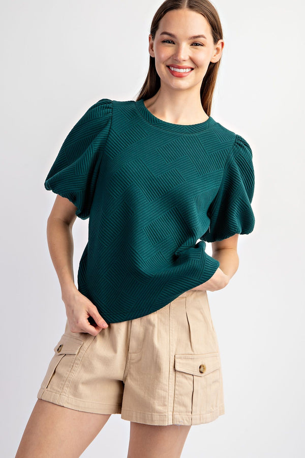 Textured Puff Sleeve Blouse Top Hunter Green