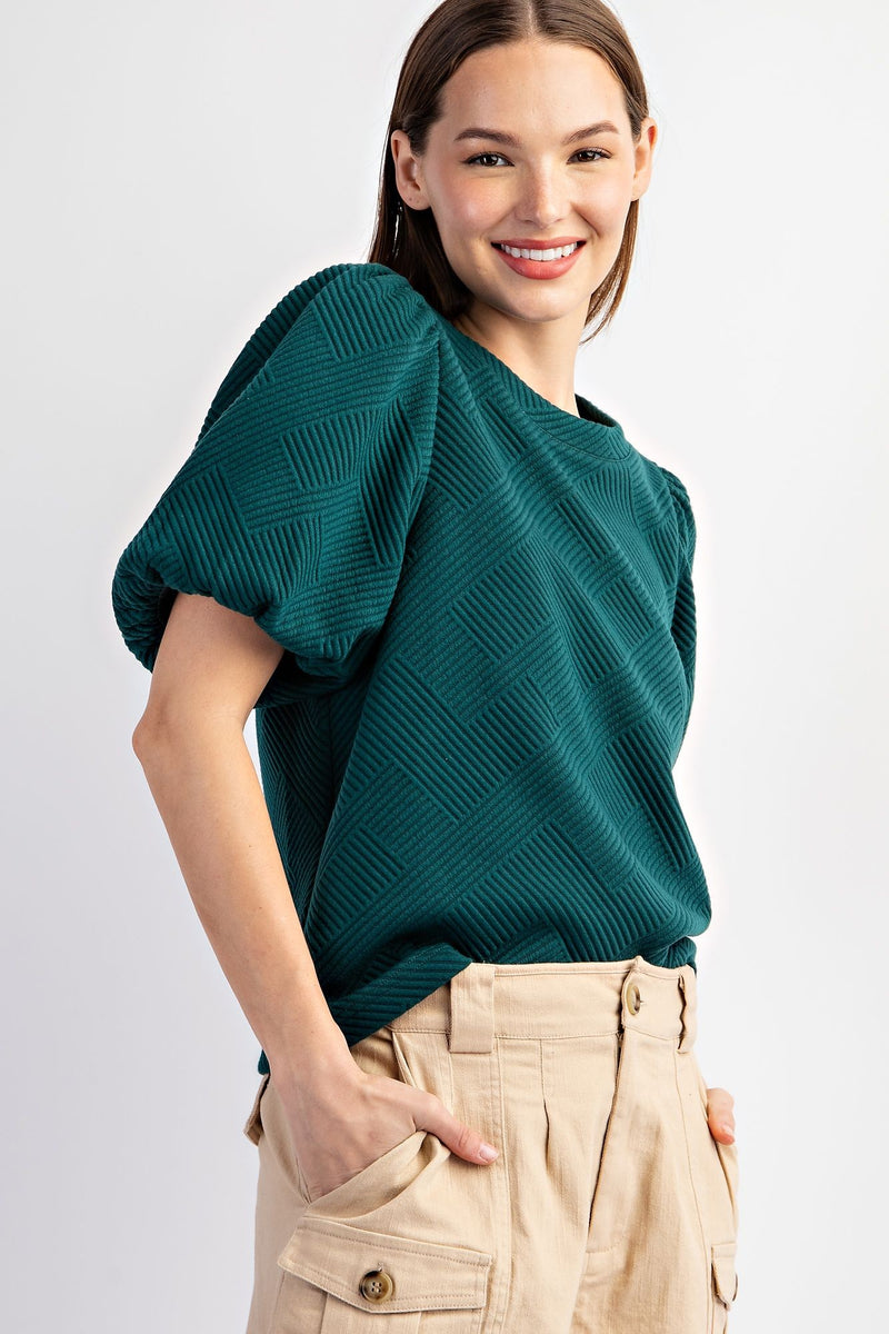 Textured Puff Sleeve Blouse Top Hunter Green