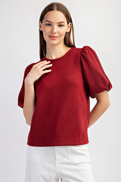 Textured Puff Sleeve Blouse Top Wine