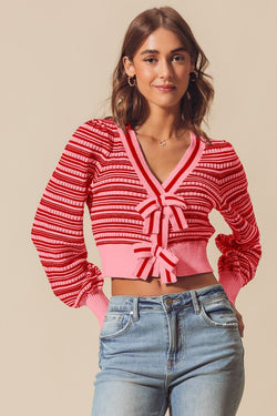 Ribbon Button Stripe Cardigan Pink Red