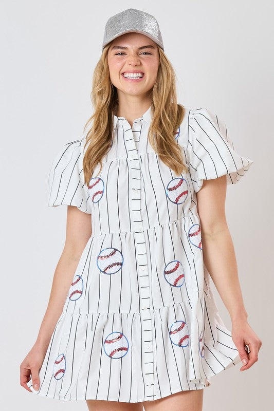 Baseball Sequin Stripe Printed Shirt Dress White