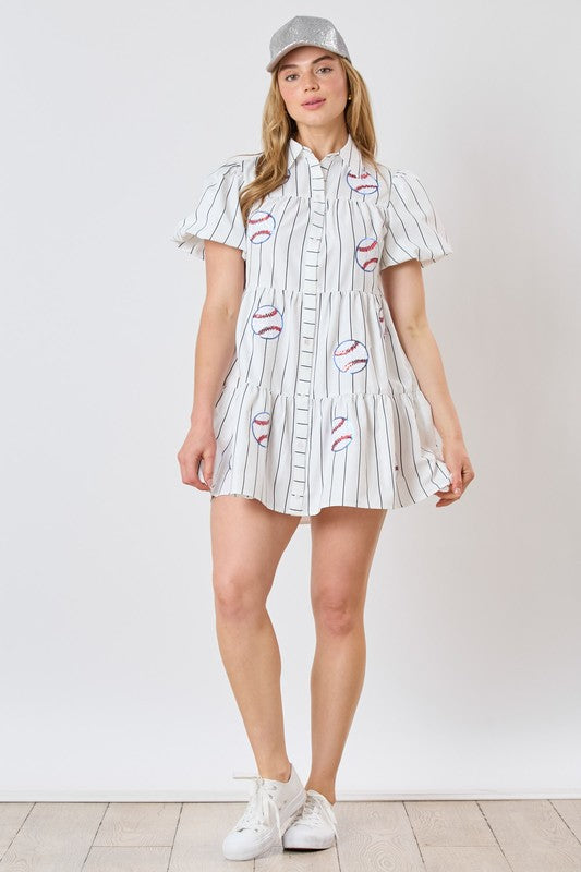 Baseball Sequin Stripe Printed Shirt Dress White