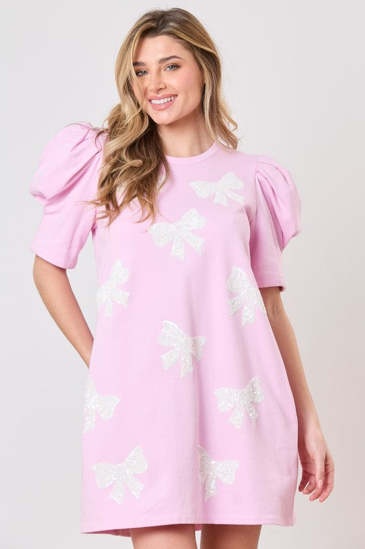 Ribbon Sequins Embroidery Dress Pink
