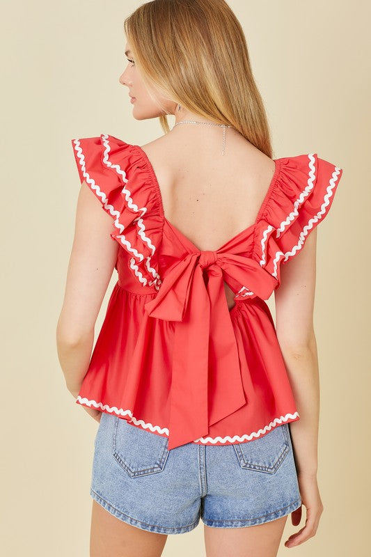 Double Ruffle Trim baby Doll Top Red