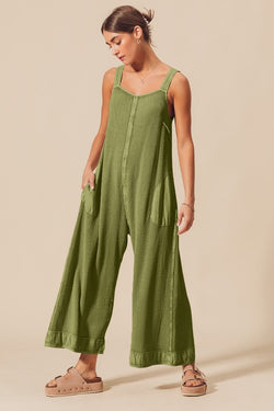 Thermal Waffle Wide Leg Overalls Light Olive