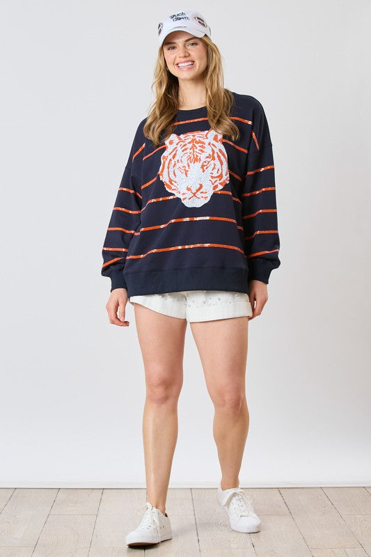 Tiger Head Sequined Striped Pullover Navy