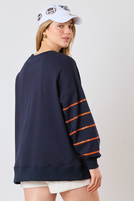 Tiger Head Sequined Striped Pullover Navy