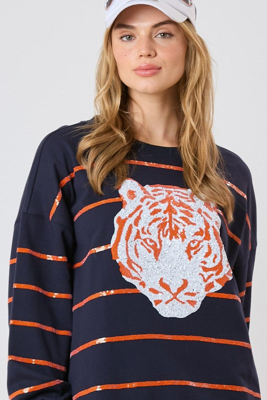 Tiger Head Sequined Striped Pullover Navy