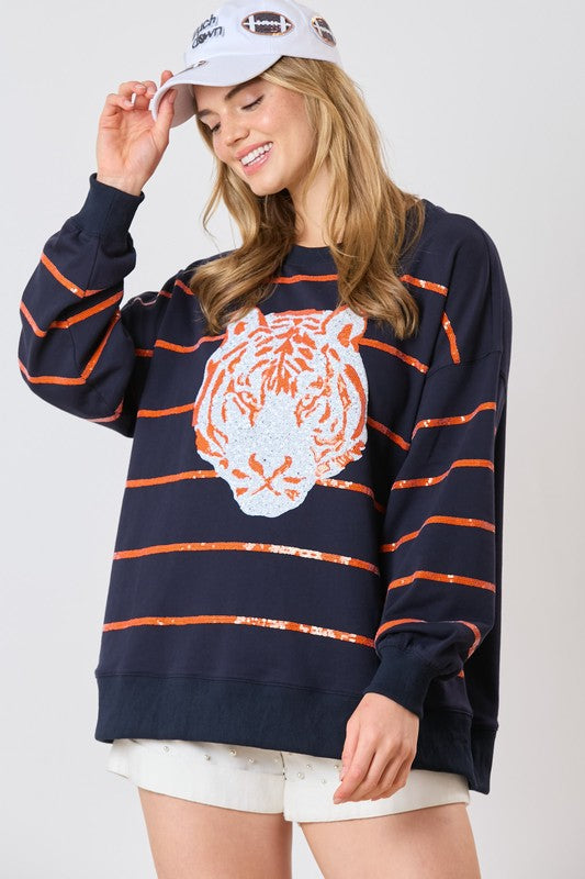 Tiger Head Sequined Striped Pullover Navy