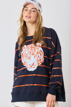 Tiger Head Sequined Striped Pullover Navy