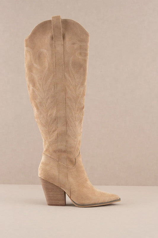 Knee High Embroidered Cowboy Boot Almond