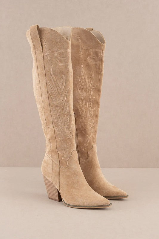 Knee High Embroidered Cowboy Boot Almond