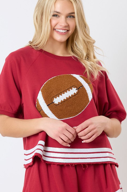 Football Cotton Terry Puff Sleeve Top Crimson