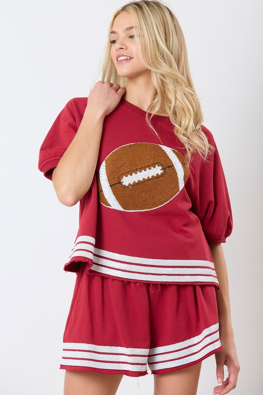 Football Cotton Terry Puff Sleeve Top Crimson