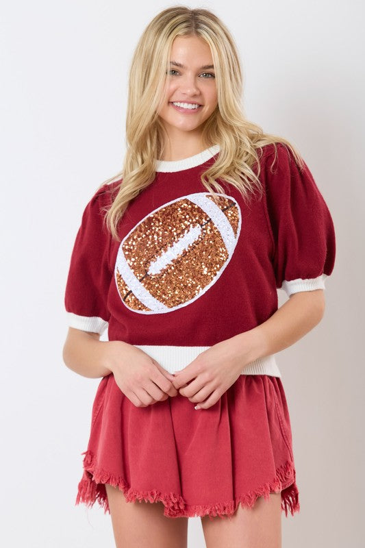 Football Sequin Shirt Sleeve Sweater Crimson