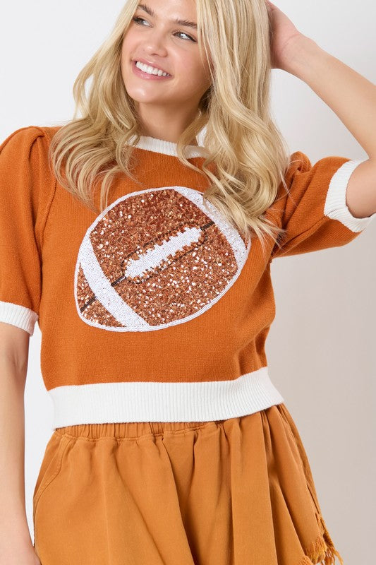 Football Sequin Shirt Sleeve Sweater Burnt Orange