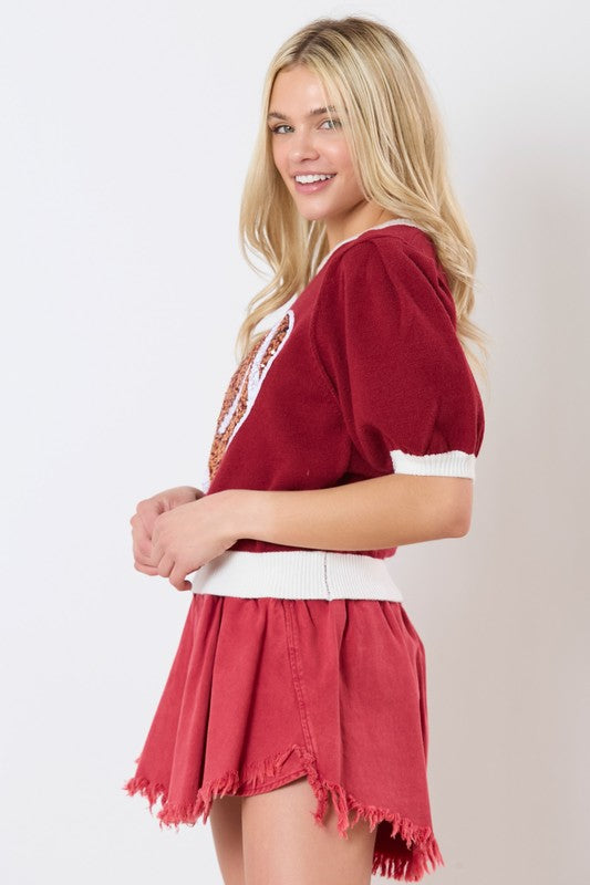 Football Sequin Shirt Sleeve Sweater Crimson