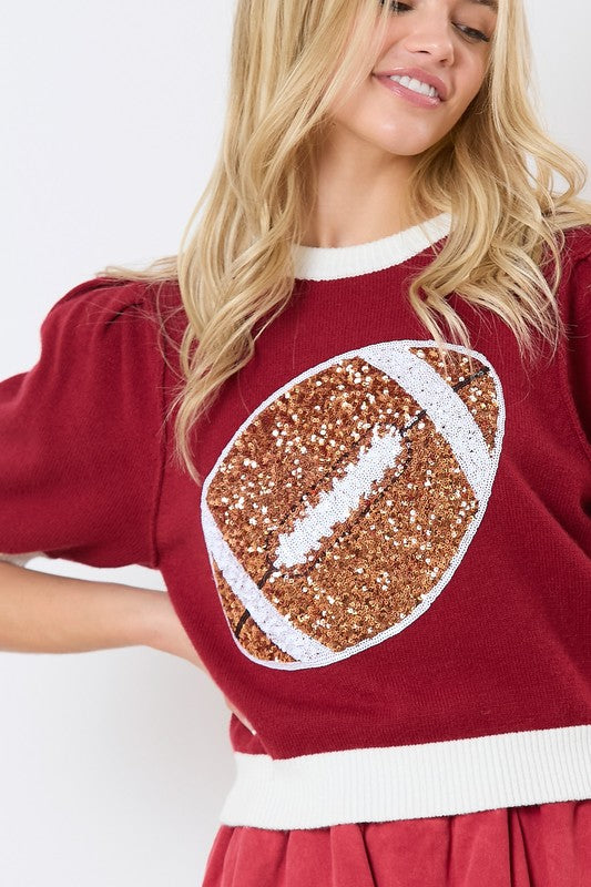 Football Sequin Shirt Sleeve Sweater Crimson