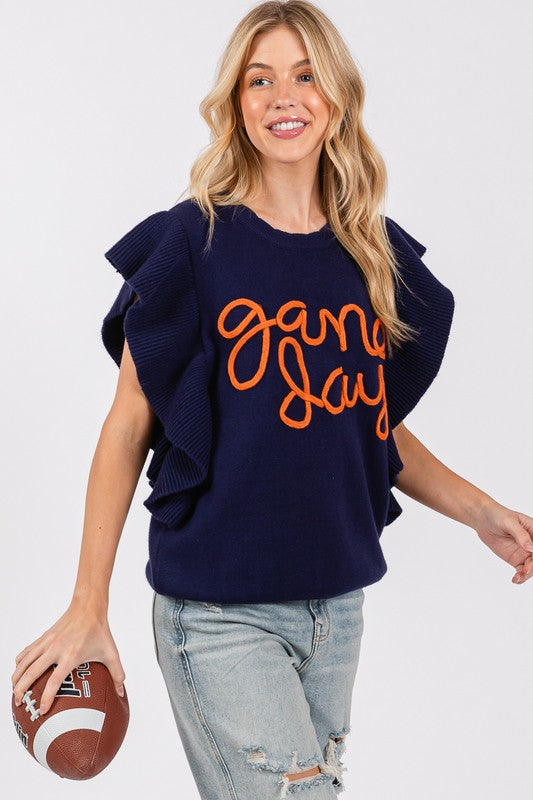 Ruffle Sleeve Gameday Sweater Top Navy/Orange