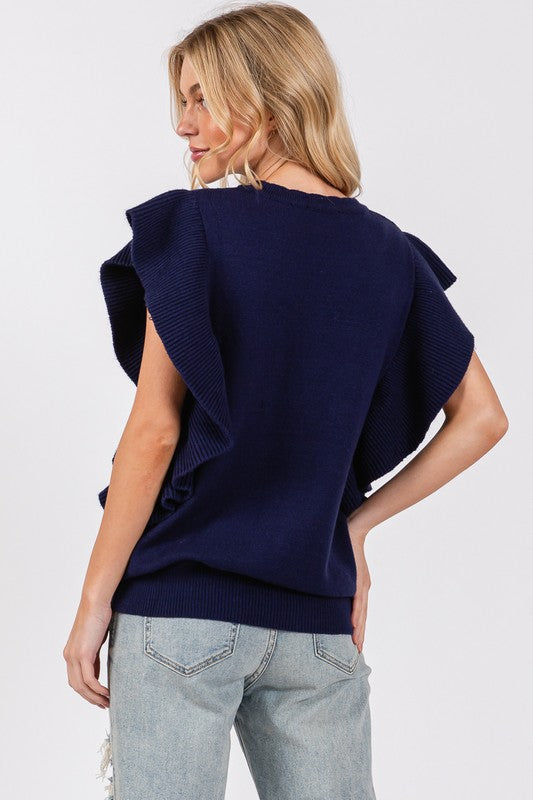 Ruffle Sleeve Gameday Sweater Top Navy/Orange