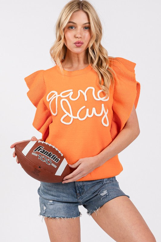 Ruffle Sleeve Gameday Sweater Top Orange/White