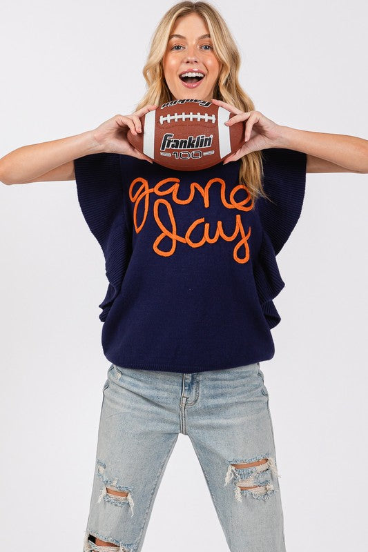 Ruffle Sleeve Gameday Sweater Top Navy/Orange