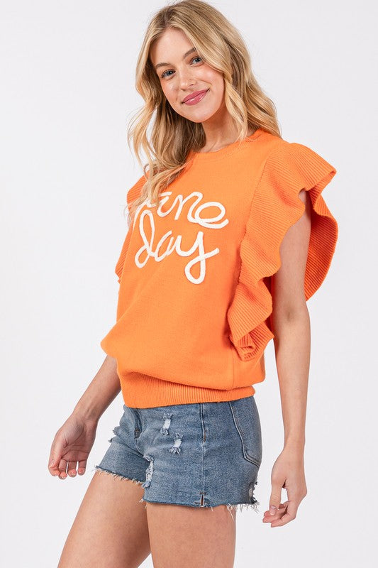 Ruffle Sleeve Gameday Sweater Top Orange/White