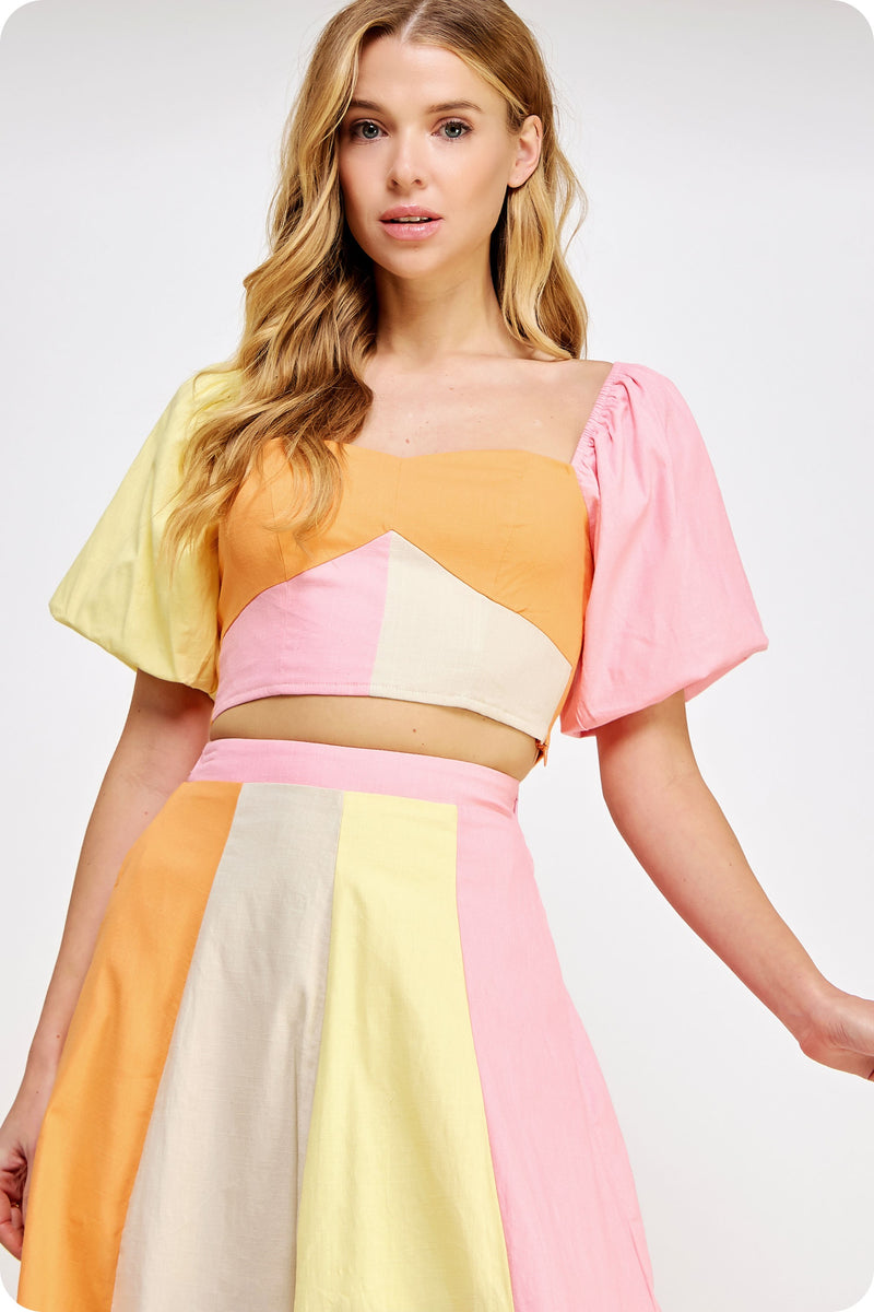 Color Block Linen Top Orange/Pink/Yellow