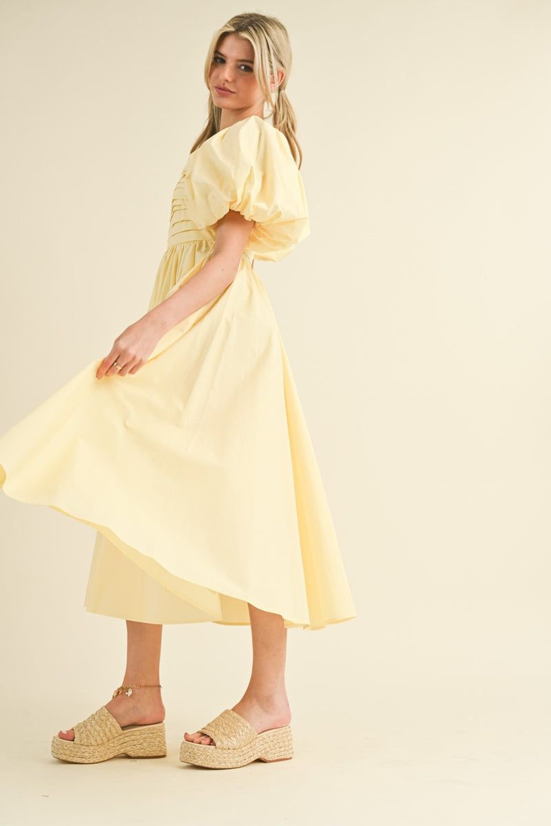 Balloon Sleeve Pleated Midi Dress Lemon