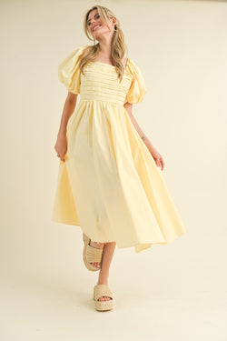 Balloon Sleeve Pleated Midi Dress Lemon