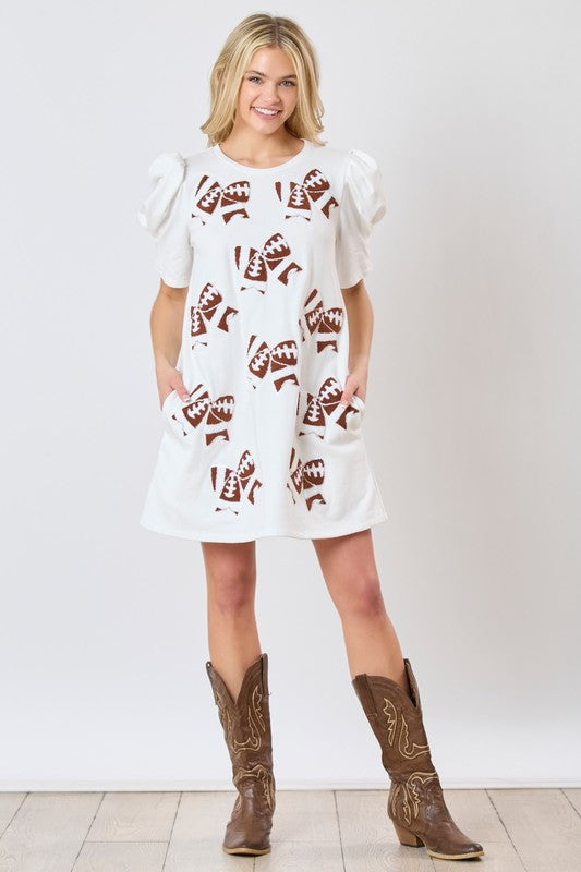 Football Ribbon Sequins Embroidery Dress White