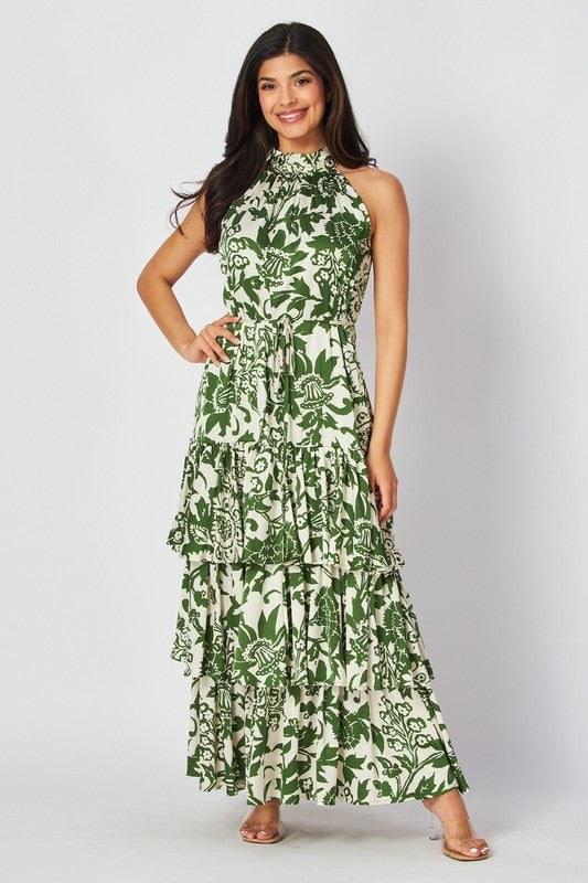 Woven Floral Print Tiered Maxi Dress Green