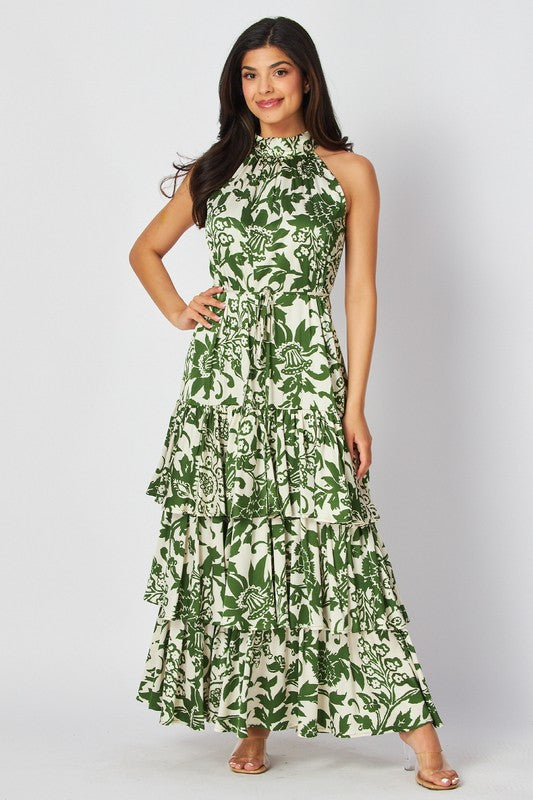 Woven Floral Print Tiered Maxi Dress Green