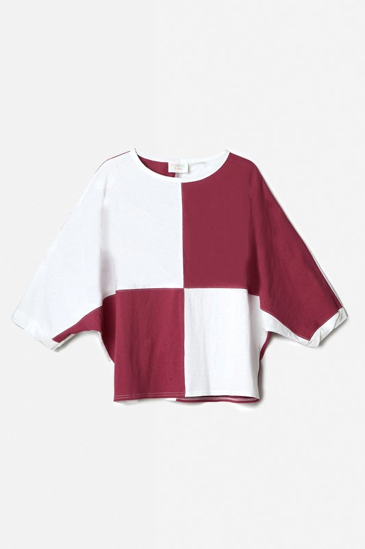 Cotton Jersey Color Block Top Crimson/White