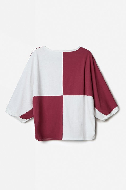 Cotton Jersey Color Block Top Crimson/White