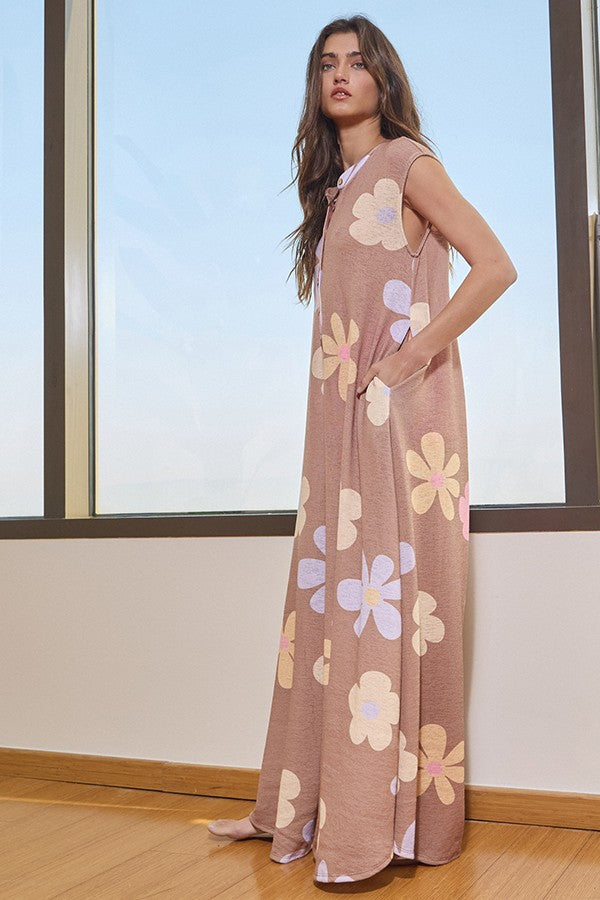 Wide Leg Floral Print Jumpsuit Camel