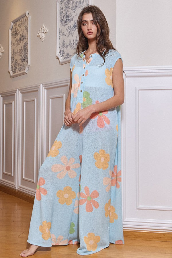 Wide Leg Floral Print Jumpsuit Sky Blue