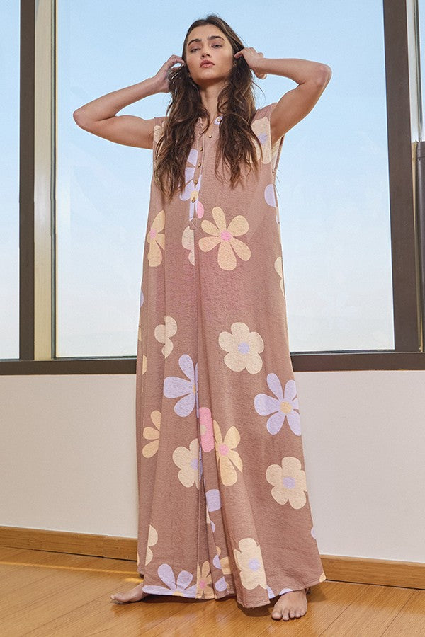 Wide Leg Floral Print Jumpsuit Camel