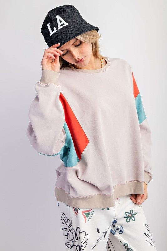 Color Block Terry Knit Pullover Stone