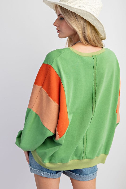 Color Block Terry Knit Pullover Apple Green