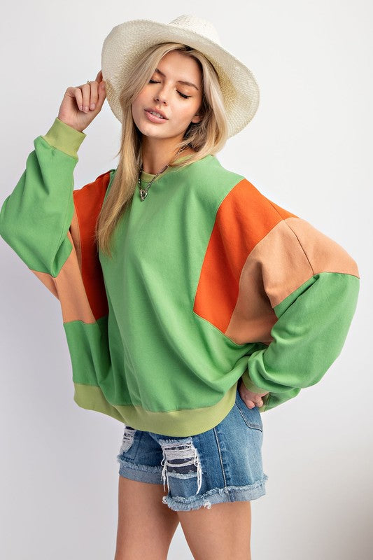 Color Block Terry Knit Pullover Apple Green