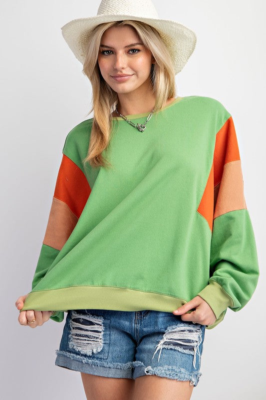 Color Block Terry Knit Pullover Apple Green