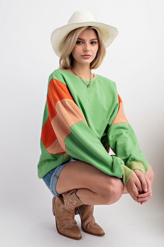 Color Block Terry Knit Pullover Apple Green