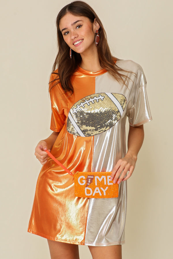 Game Day T-Shirt Dress W/ Football Patch Orange/Silver