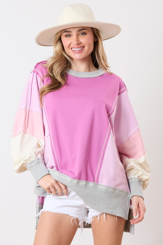 Color Block Oversized Knit Top Magenta Multi