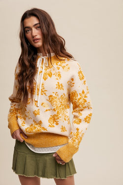 Floral Design Crew Neck Knit Sweater Yellow